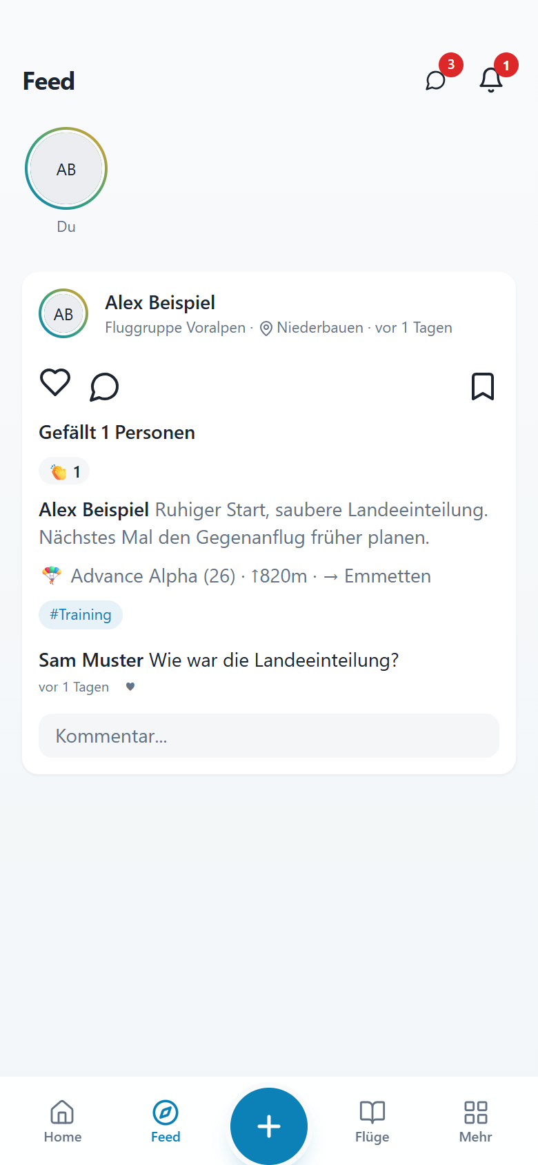 Feed mit einem geteilten Flug, einer Reaktion und einem Kommentar