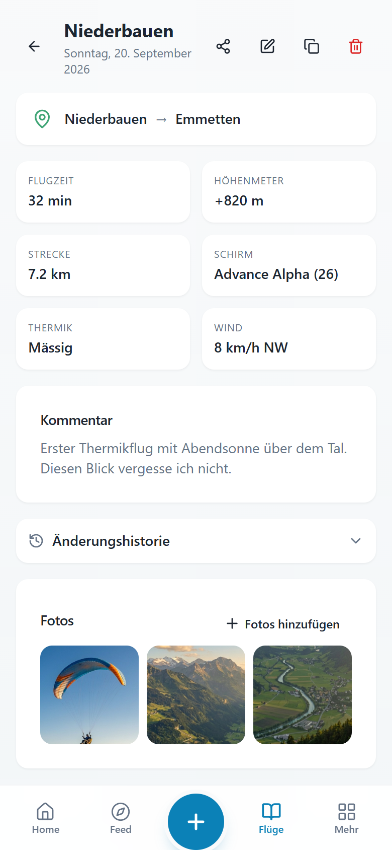 Ein Flug mit Flugdaten, persönlichem Kommentar und Fotos