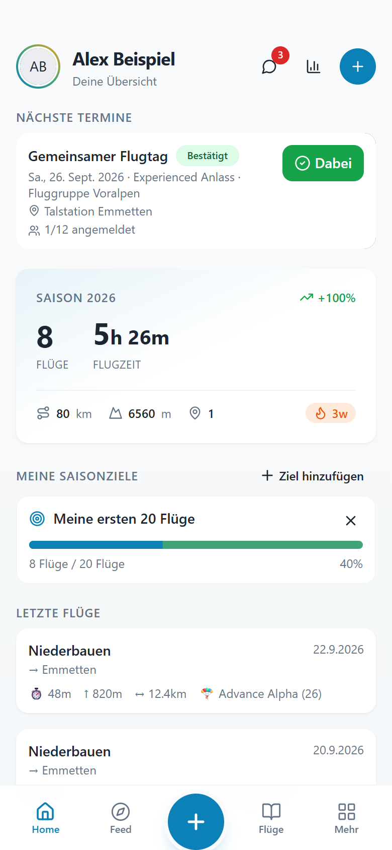 Flyary-Startseite mit Saisonübersicht und persönlichen Flugzielen