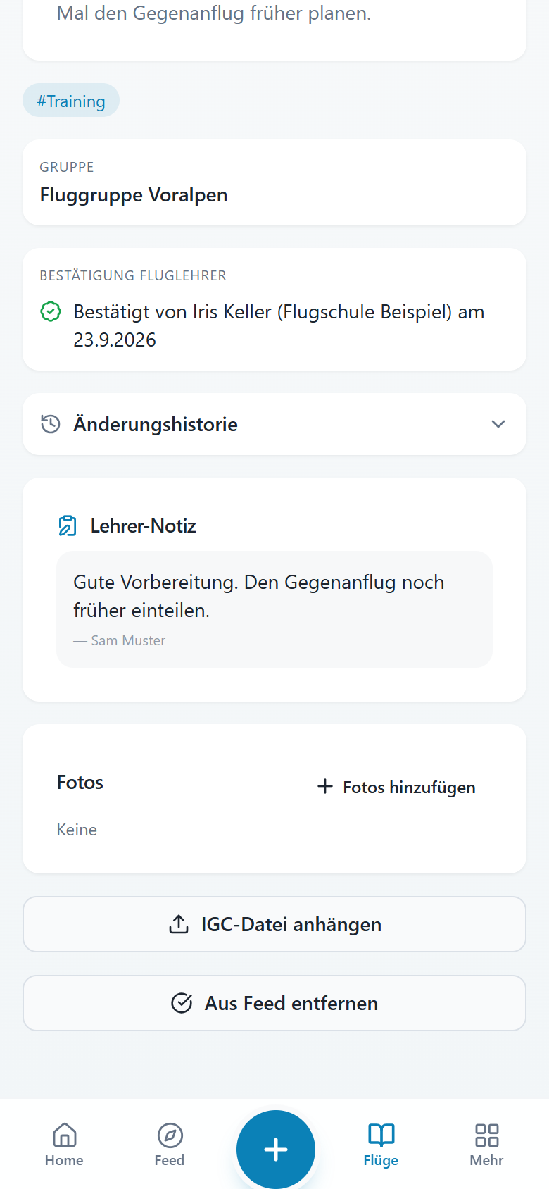 Ein Flug mit Bestätigung durch die Flugschule und Notiz des Fluglehrers