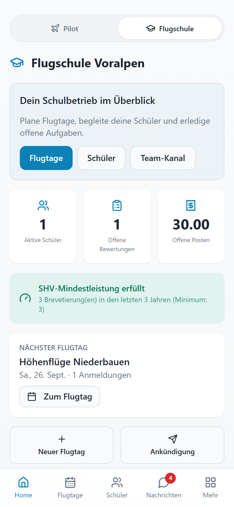 Schulübersicht mit Flugtagen und Schülern