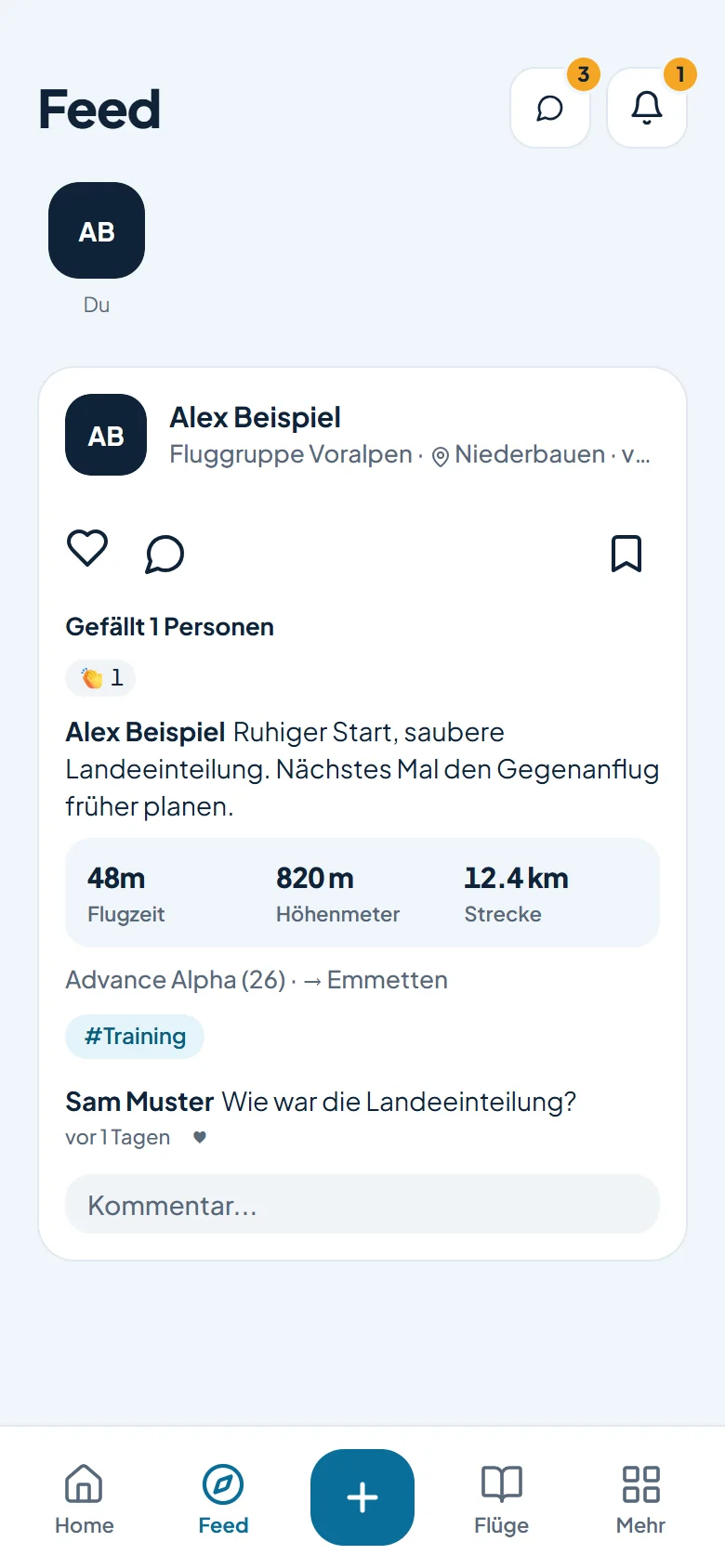 Feed mit einem geteilten Flug, einer Reaktion und einem Kommentar