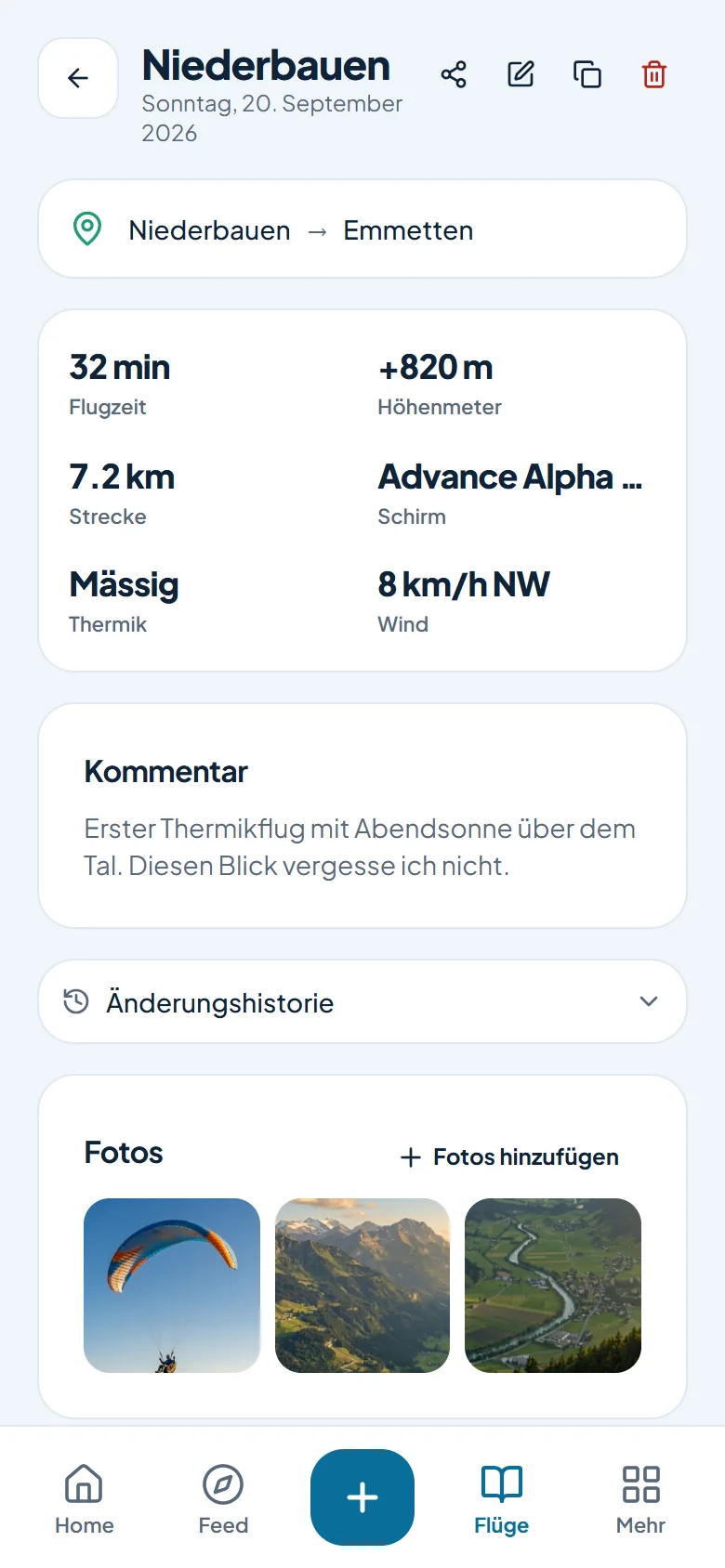 Ein Flug mit Flugdaten, persönlichem Kommentar und Fotos