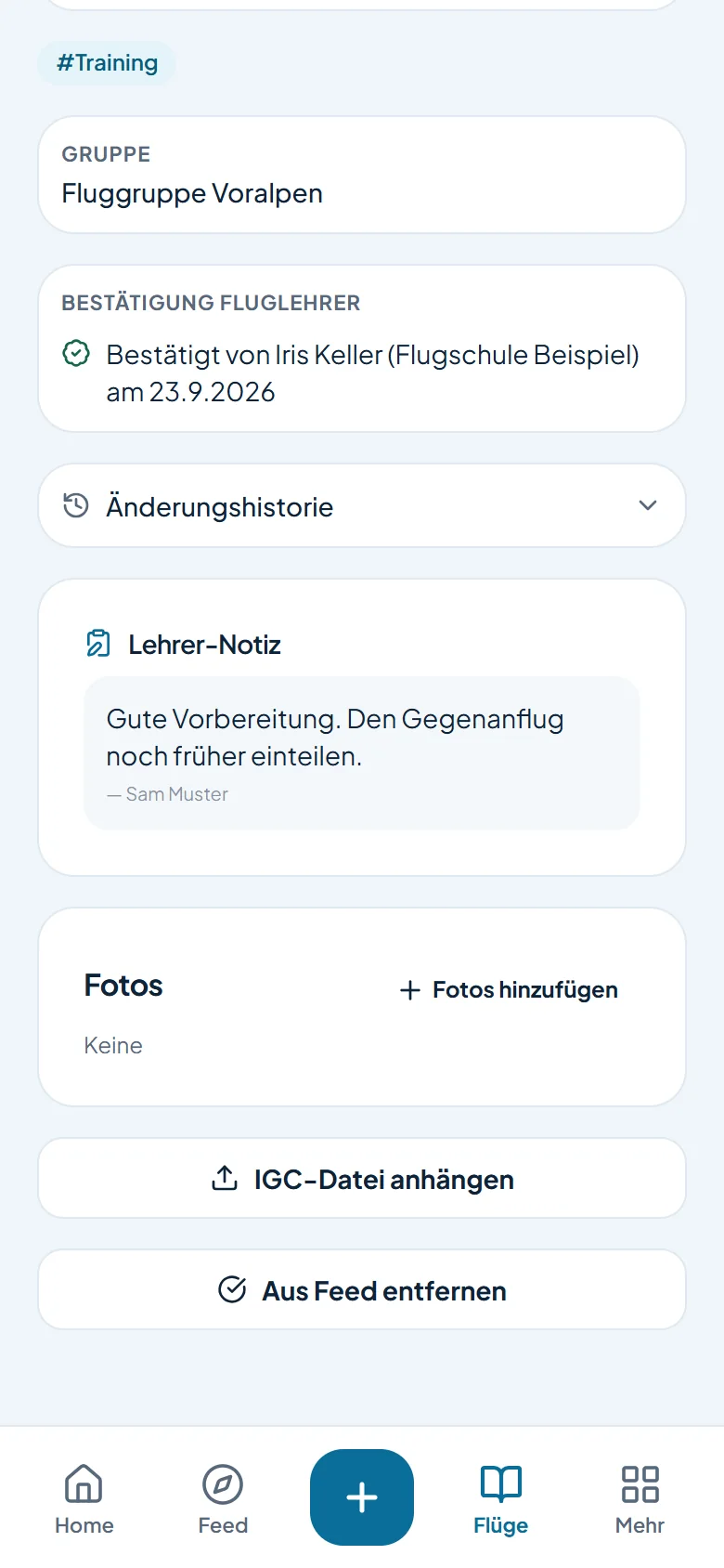 Ein Flug mit Bestätigung durch die Flugschule und Notiz des Fluglehrers